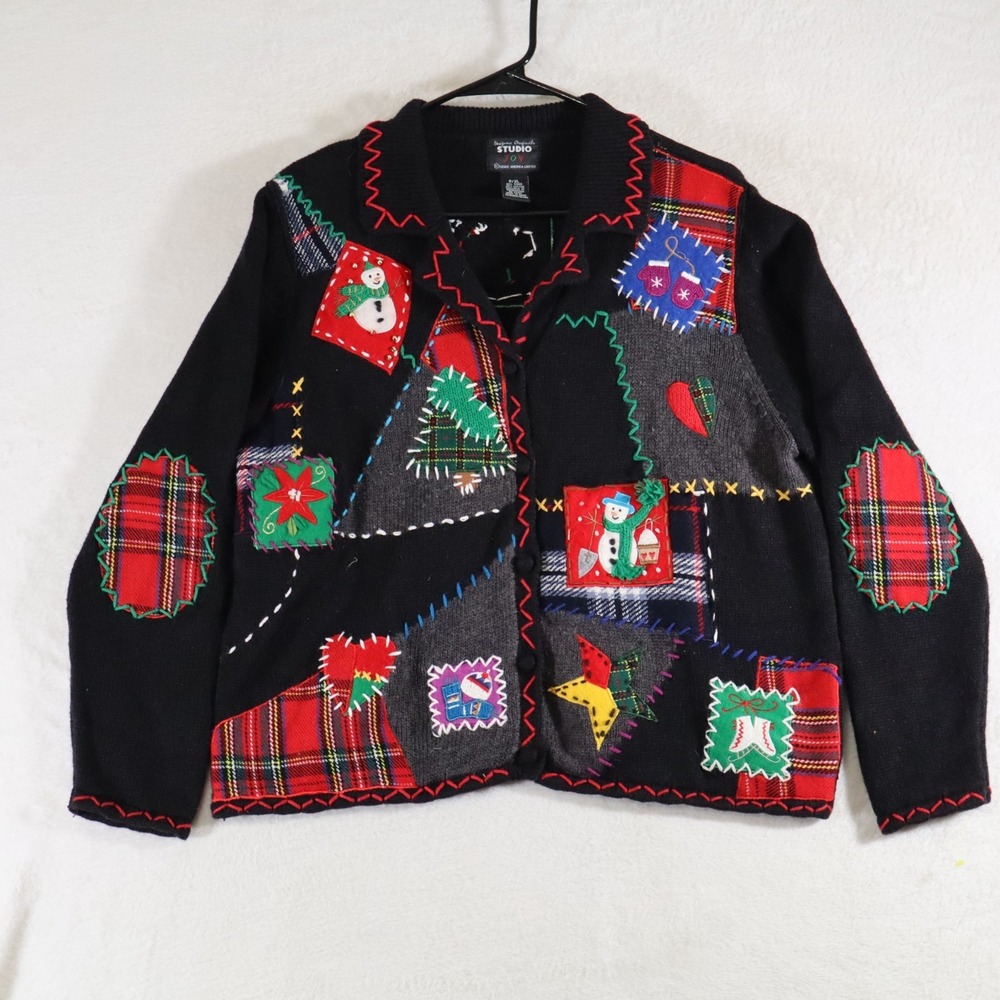 Studio JOY Women's P/XL Ugly Christmas Sweater – Patchwork Snowman Tree Gift